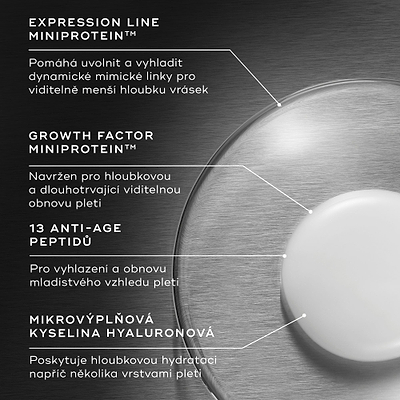 Detailní záběr textury séra Liquid Peptides Advanced MP s kapkami a textovými popisky zvýrazňujícími jeho složení:

Expression Line MiniProtein™
Growth Factor MiniProtein
13 anti-age peptidů
Micro-Filler kyselina hyaluronová