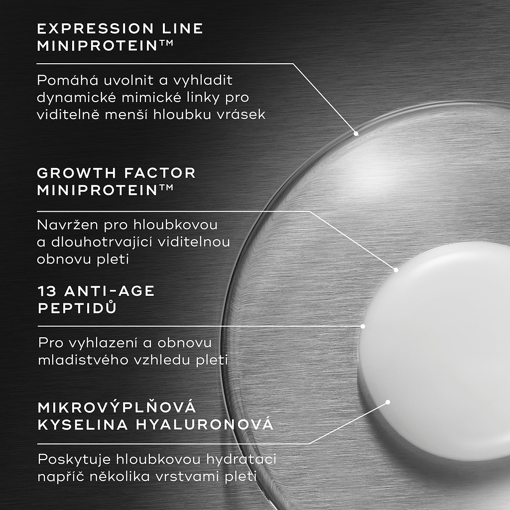 Detailní záběr textury séra Liquid Peptides Advanced MP s kapkami a textovými popisky zvýrazňujícími jeho složení:

Expression Line MiniProtein™
Growth Factor MiniProtein
13 anti-age peptidů
Micro-Filler kyselina hyaluronová