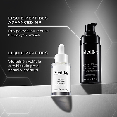 Porovnání mezi LIQUID PEPTIDES ADVANCED MP (v černé lahvičce s pumpičkou), který je určen pro pokročilou redukci hlubokých vrásek, a LIQUID PEPTIDES (v bílé lahvičce s kapátkem), který viditelně vypíná a vyhlazuje první známky stárnutí.