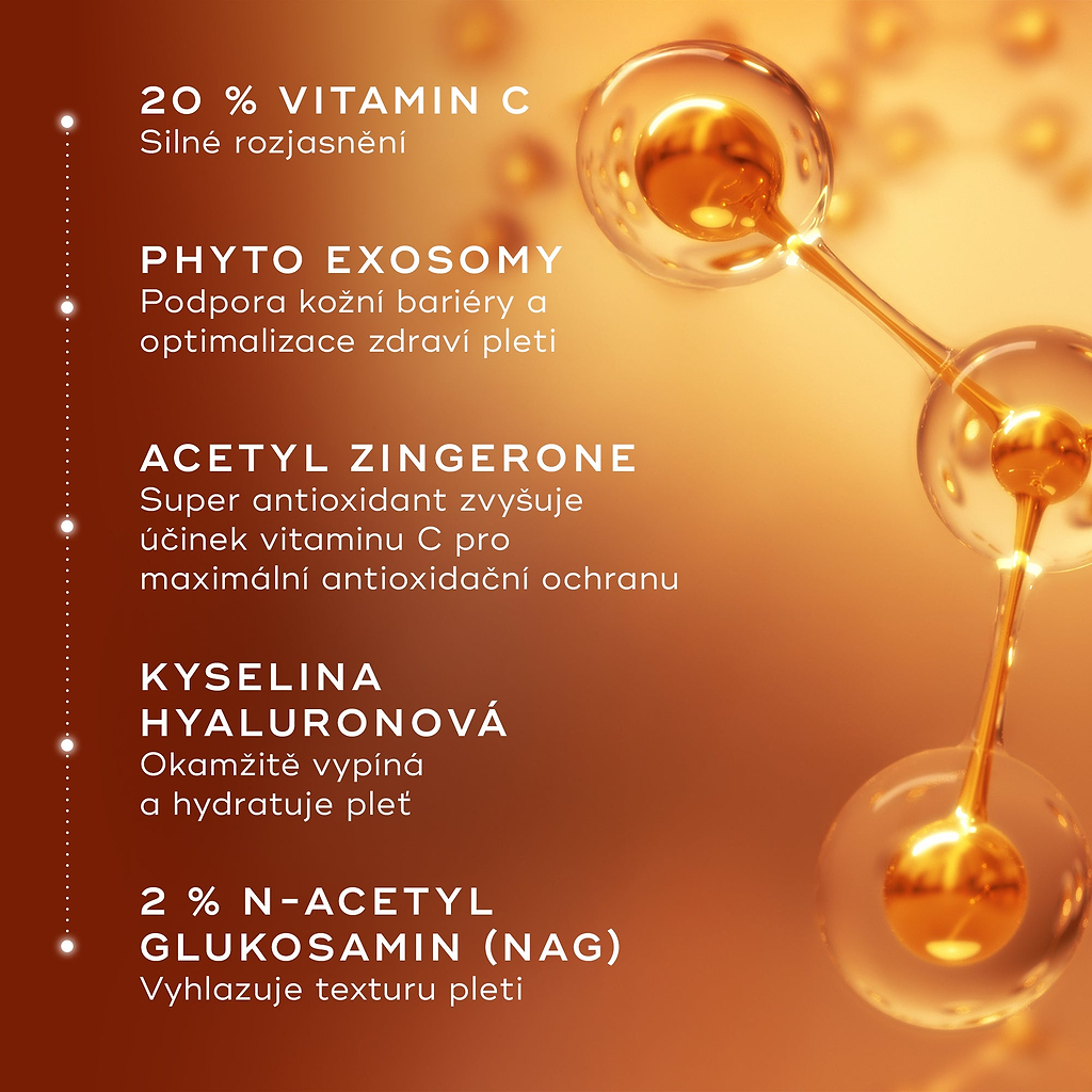 Molekulární znázornění klíčových složek přípravku Medik8 C-Tetra Advanced, s textovým zvýrazněním 20% vitamínu C, fytoexosomů, acetylzingeronu, kyseliny hyaluronové a N-acetylglukosaminu (NAG) pro rozjasnění, hydrataci a posílení kožní bariéry.