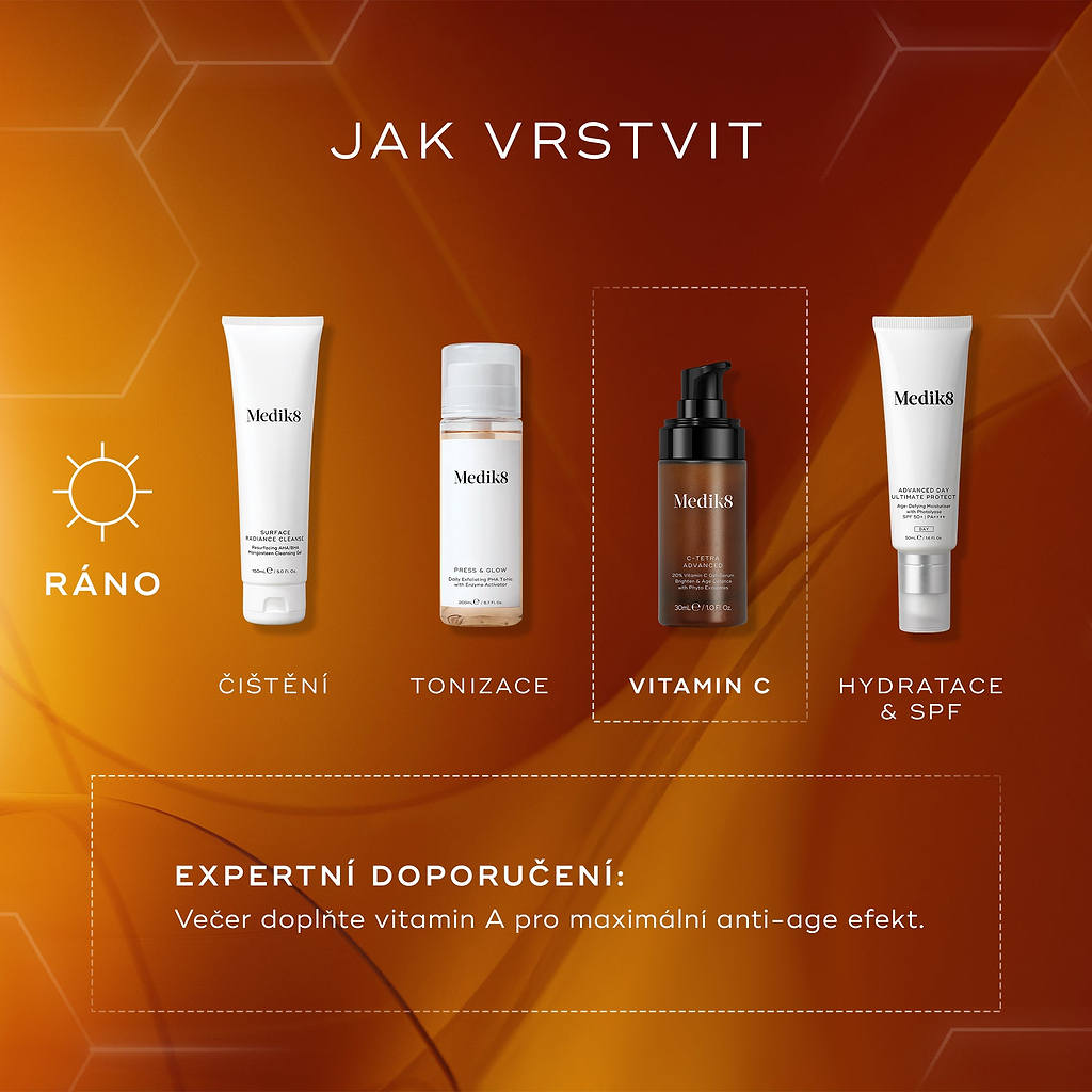 Průvodce vrstvením produktů Medik8 pro ranní péči o pleť, který představuje čisticí přípravek, tonikum, rozjasňující sérum C-Tetra Advanced a hydratační krém s ochranným faktorem SPF pro optimální ochranu a hydrataci pleti.