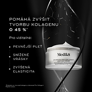 Krém Medik8 Advanced Pro-Collagen+ Peptide Cream v kelímku na černém pozadí s abstraktními strukturálními grafickými prvky. Text uvádí, že pomáhá zvýšit produkci kolagenu o 45 %, což vede k viditelně pevnější pokožce, redukci vrásek a zvýšení pružnosti.