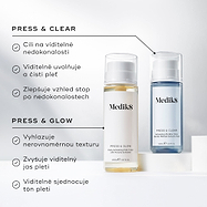 Srovnávací grafika představující lahvičky Medik8 Press & Glow a Press & Clear. Text zdůrazňuje, že přípravek Press & Clear je určen k řešení viditelných nedokonalostí pleti a přípravek Press & Glow k vyhlazení nerovnoměrné struktury pleti.