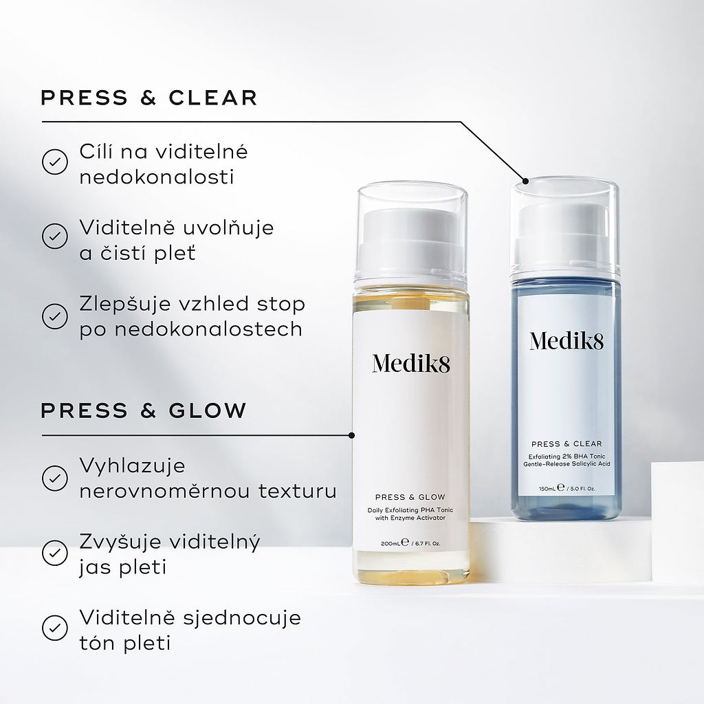 Srovnávací grafika představující lahvičky Medik8 Press & Glow a Press & Clear. Text zdůrazňuje, že přípravek Press & Clear je určen k řešení viditelných nedokonalostí pleti a přípravek Press & Glow k vyhlazení nerovnoměrné struktury pleti.