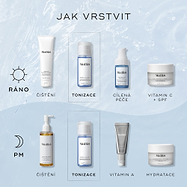 Infografika s názvem „Jak vrstvit“ na světle modrém pozadí s vodní texturou, která popisuje ranní a večerní rutiny. Produkt Medik8 Press & Clear je v ní uveden jako krok „Tónování“ po čištění pleti.
