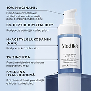 Lahvička séra Medik8 Niacinamide Peptides je vystavena na modrém podstavci. Linky spojují lahvičku s textem popisujícím klíčové složky:
10 % niacinamidu
3 % peptidu Crystalide
N-acetylglukosamin
1 % Zinc PCA
Kyselina hyaluronová