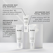 Tři opalovací krémy značky Medik8 vystavené na bílých podstavcích před šedým pozadím. Na etiketách jsou uvedeny produkty Advanced Day Eye Protect (ochrana SPF 30 pro oblast kolem očí), Advanced Day Ultimate Protect (ochrana SPF 50+ s enzymy pro opravu DNA) a Advanced Day Total Protect (lehký krém s SPF 30 a 360° ochranou proti vnějším vlivům).
