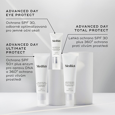Tři opalovací krémy značky Medik8 vystavené na bílých podstavcích před šedým pozadím. Na etiketách jsou uvedeny produkty Advanced Day Eye Protect (ochrana SPF 30 pro oblast kolem očí), Advanced Day Ultimate Protect (ochrana SPF 50+ s enzymy pro opravu DNA) a Advanced Day Total Protect (lehký krém s SPF 30 a 360° ochranou proti vnějším vlivům).