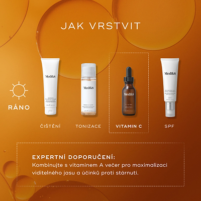Infografika s názvem „JAK VRSTVIT“ znázorňuje čtyřkrokovou ranní rutinu: čištění (Surface Radiance Cleanse), tonizace (Press & Glow), vitamín C (C-Tetra) a ochrana proti slunci (Advanced Day Total Protect). Odborné doporučení v dolní části radí kombinovat tyto produkty s vitamínem A na noc.