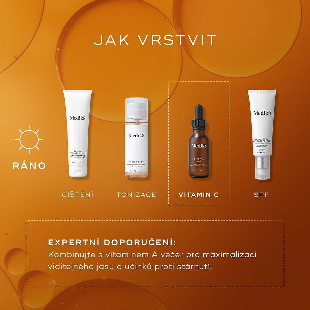 Průvodce vrstvením produktů Medik8 s názvem „JAK VRSTVIT“ na teplém oranžovém pozadí s grafikou připomínající bubliny. Ikona slunce s označením AM označuje ranní rutinu skládající se ze čtyř kroků, přičemž třetí krok je zvýrazněn bílým přerušovaným rámečkem. Zobrazené produkty a kroky jsou:

ČIŠTĚNÍ: tuba Medik8 Surface Radiance Cleanse.

TONIZACE: lahvička Medik8 Press & Glow.

VITAMÍN C: lahvička séra Medik8 C-Tetra Luxe.

OPALOVACÍ KRÉM: tuba Medik8 Advanced Day Ultimate Protect.

Přerušovaný rámeček ve 