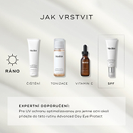 Infografika s názvem „JAK VRSTVIT“ představuje čtyřkrokovou ranní rutinu: Očištění (Surface Radiance Cleanse), Tonizace (Press & Glow), Vitamín C (C-Tetra Luxe) a Ochrana proti slunci (Advanced Day Ultimate Protect). Odborné doporučení v dolní části navrhuje doplnit tuto rutinu o přípravek Advanced Day Eye Protect pro ochranu citlivé oblasti kolem očí.