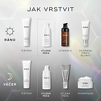 W przewodniku dotyczącym porannej i wieczornej rutyny pielęgnacyjnej produkty Medik8 przedstawiono na jasnoszarym tle z subtelnymi sześciokątnymi wzorami. Buteleczka EXO-PDRN Prismatic+ została wyróżniona jako etap „CIBLE” (cel) w obu rutynowych zabiegach i stosowana jest po oczyszczeniu skóry. Rano po jej zastosowaniu nakłada się witaminę C i filtr przeciwsłoneczny. Wieczorem po jej zastosowaniu nakłada się krystaliczny retinal (witamina A) oraz krem nawilżający.