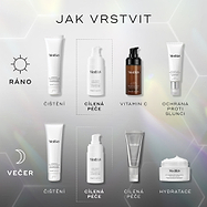 W przewodniku dotyczącym porannej i wieczornej rutyny pielęgnacyjnej produkty Medik8 przedstawiono na jasnoszarym tle z subtelnymi sześciokątnymi wzorami. Buteleczka EXO-PDRN Prismatic+ została wyróżniona jako etap „CIBLE” (cel) w obu rutynowych zabiegach i stosowana jest po oczyszczeniu skóry. Rano po jej zastosowaniu nakłada się witaminę C i filtr przeciwsłoneczny. Wieczorem po jej zastosowaniu nakłada się krystaliczny retinal (witamina A) oraz krem nawilżający.