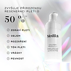 Medik8 Exo-PDRN Prismatic+ sérum je zobrazeno s textem:
„Zvyšte přirozenou regeneraci pleti o více než 50 %*“
Vedle jsou uvedeny benefity zahrnující:
zdraví pleti
objem
rozjasnění
tón pleti
vrásky
pevnost