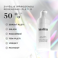 Medik8 Exo-PDRN Prismatic+ sérum je zobrazeno s textem:
„Zvyšte přirozenou regeneraci pleti o více než 50 %*“
Vedle jsou uvedeny benefity zahrnující:
zdraví pleti
objem
rozjasnění
tón pleti
vrásky
pevnost