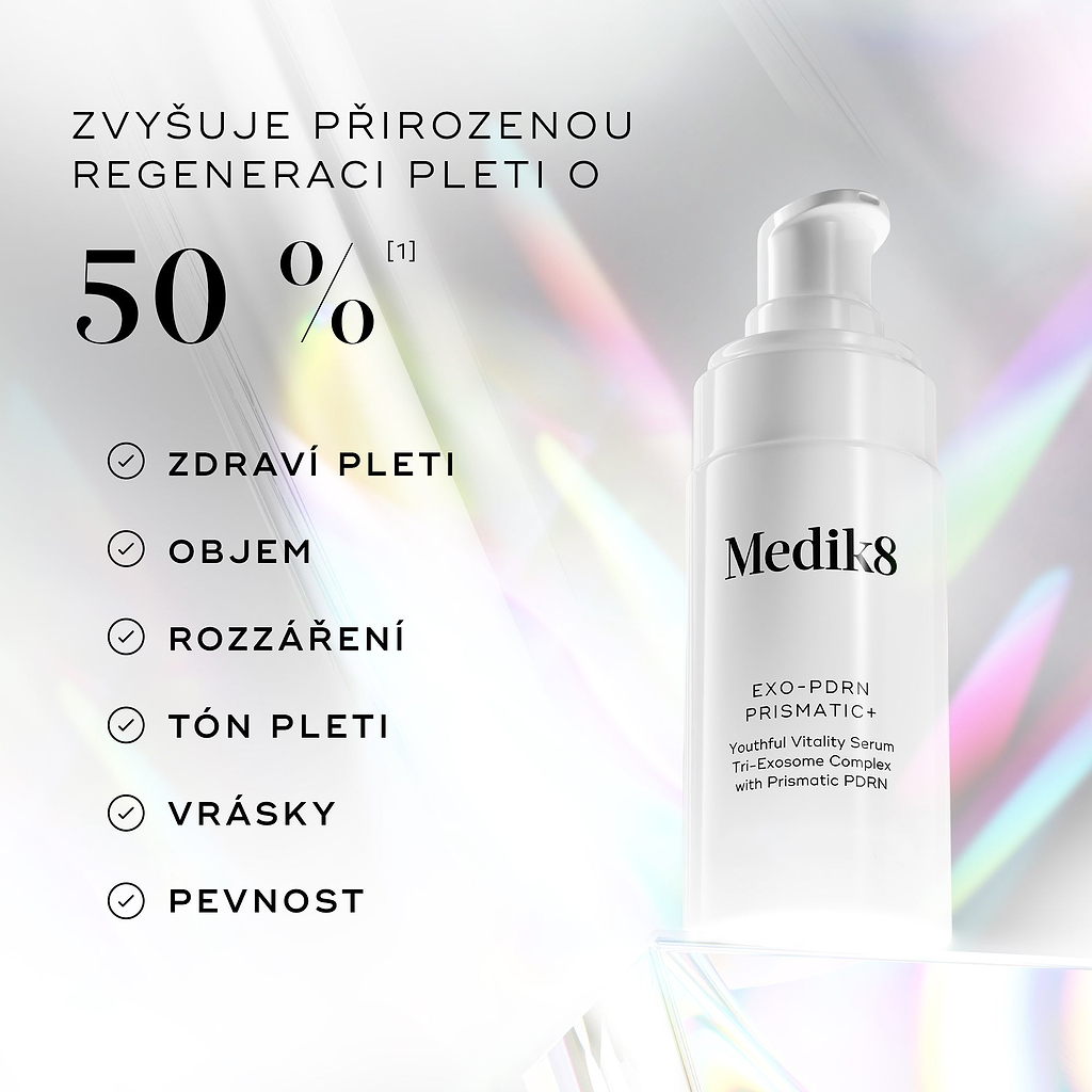 Medik8 Exo-PDRN Prismatic+ sérum je zobrazeno s textem:
„Zvyšte přirozenou regeneraci pleti o více než 50 %*“
Vedle jsou uvedeny benefity zahrnující:
zdraví pleti
objem
rozjasnění
tón pleti
vrásky
pevnost
