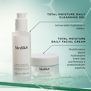 Ilustrace představující kombinaci produktů – denní čisticí gel Total Moisture a odpovídající hydratační krém – zdůrazňující komplexní hydratační rutinu podporující kožní bariéru