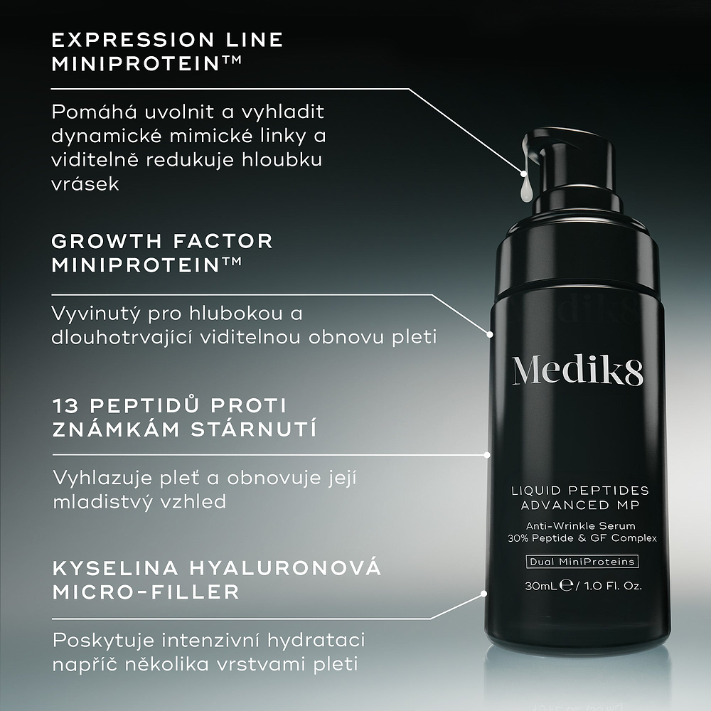 Klíčové složky Liquid Peptides Advanced MP: Expression Line Miniprotein uvolňuje a vyhlazuje mimické linky, Growth Factor Miniprotein podporuje obnovu pleti, 13 peptidů vyhlazuje a obnovuje mladistvý vzhled a kyselina hyaluronová Micro-Filler poskytuje intenzivní hydrataci.
