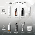 Schéma vrstvení péče: Ráno — Čištění, Vitamin C, Cílená péče (Liquid Peptides Advanced MP) a SPF. Večer — Čištění, Cílená péče (Liquid Peptides Advanced MP), Vitamin A a Hydratace.