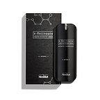 Medik8 r-Retinoate Intense Youth Activating Cream Flasche steht neben der schwarzen Umverpackung, die weiße hexagonale chemische Struktur-Grafiken und ein strukturiertes welliges Muster zeigt.