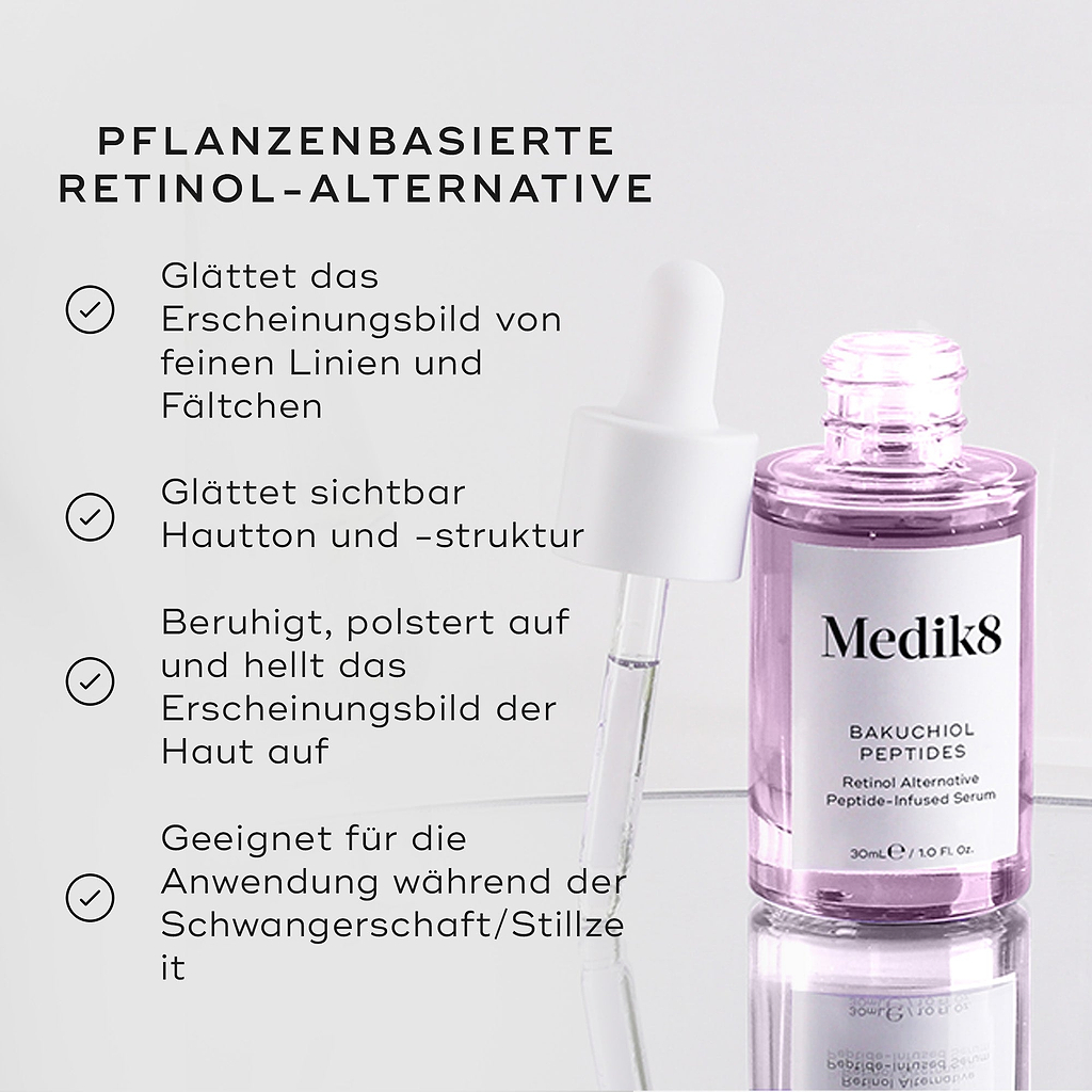 Eine violette Glas-Tropfflasche des Bakuchiol Peptides Serums wird mit Tropfer gezeigt. Links hebt der Text das Produkt als PFLANZENBASIERTES RETINOL-ALTERNATIV hervor, mit Vorteilen wie: feine Linien und Falten glätten, Hautbild und Teint sichtbar ausgleichen, beruhigen, aufpolstern & die Haut strahlen lassen, sowie geeignet für die Anwendung während Schwangerschaft oder Stillzeit.