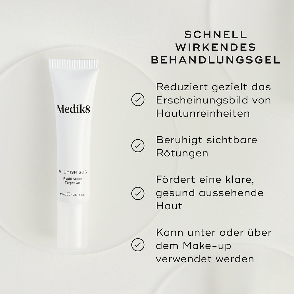 Eine weiße Tube Blemish SOS Rapid Action Target Gel wird präsentiert. Der Text hebt es als RAPID ACTION TREATMENT GEL hervor. Es zielt auf und reduziert das Erscheinungsbild von Unreinheiten, beruhigt sichtbare Rötungen, fördert klar aussehende, gesunde Haut und kann unter oder über Make-up verwendet werden.