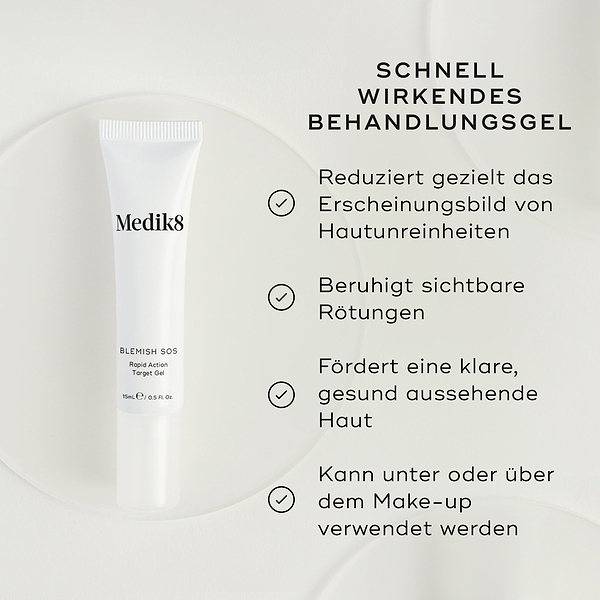 Eine weiße Tube Blemish SOS Rapid Action Target Gel wird präsentiert. Der Text hebt es als RAPID ACTION TREATMENT GEL hervor. Es zielt auf und reduziert das Erscheinungsbild von Unreinheiten, beruhigt sichtbare Rötungen, fördert klar aussehende, gesunde Haut und kann unter oder über Make-up verwendet werden.