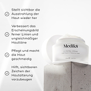 Medik8 C-Tetra Cream-Glas auf einem grauen Steinblock vor weißem Hintergrund mit sanften Lichtstrahlen dargestellt. Das Bild zeigt vier Häkchen-Behauptungen: Sichtbare Wiederherstellung der Hautstrahlung, Verbessert das Erscheinungsbild von feinen Linien & ungleichmäßigem Hautton, Pflegt & macht die Haut weich, Hilft, sichtbare Zeichen der Hautalterung zu verhindern
