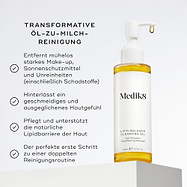 Medik8 Lipid-Balance Cleansing Oil Flasche steht auf einem weißen Block. Der Text listet Vorteile auf, einschließlich Entfernen von starkem Make-up, Unterstützung der Lipidbarriere und als transformative Öl-zu-Milch-Reinigung