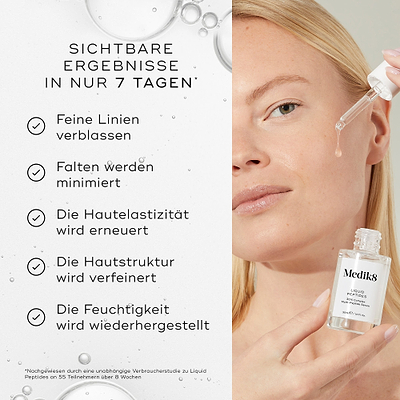 Eine Frau trägt das Liquid Peptides Serum mit einer Pipette auf ihr Gesicht auf. Links steht der Text SICHTBARE ERGEBNISSE IN NUR 7 TAGEN* und nennt folgende Vorteile: feine Linien verblassen, Falten werden minimiert, die Hautelastizität wird erneuert, das Hautbild wird verfeinert und die Feuchtigkeit wird wiederhergestellt. Eine Fußnote weist darauf hin, dass die Aussagen durch eine unabhängige Verbraucherstudie belegt sind.