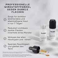 Zwei kleine weiße Flaschen des Oxy-R Peptides werden zusammen mit Tropfen gelben Serums gezeigt. Der Text hebt die PROFESSIONELLE WIRKSTÄRKE GEGEN DUNKLE FLECKEN hervor. Er sorgt für sichtbar hellere und gleichmäßigere Haut in nur 7 Tagen, verblasst sichtbare dunkle Flecken in 1 Monat, ist wirksam bei allen Hauttypen und -tönen und spendet Feuchtigkeit sowie glättet den Teint.