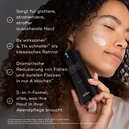 Eine Person mit einem Creme-Streifen auf der Wange hält eine Flasche Medik8 r-Retinoate Intense. Die Angaben besagen 8x stärker und 11x schneller als klassisches Retinol mit drastischer Reduzierung von Falten und dunklen Flecken in 4 Wochen