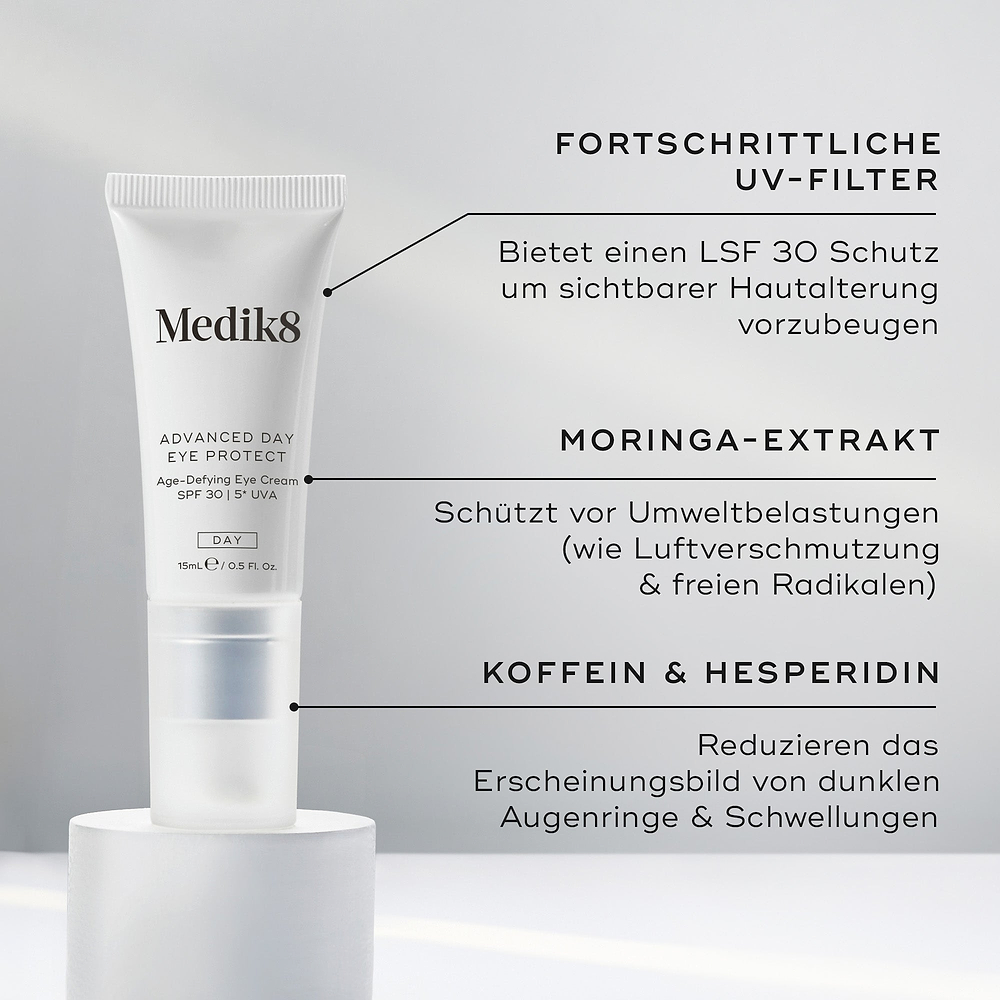 Die Tube Advanced Day Eye Protect steht auf einem weißen Podest. Der Text hebt die fortschrittlichen UV-Filter für SPF-30-Schutz, Moringa-Extrakt zum Schutz vor Umweltstressoren sowie Koffein & Hesperidin zur Reduzierung von dunklen Augenringen und Schwellungen hervor.
