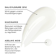 Ein Auftrag von Blemish SOS wird auf einer weißen Oberfläche gezeigt, mit einem kleinen Tropfen daneben. Text-Callouts heben die Hauptwirkstoffe hervor: SALICYLSÄURE (2 %) wirkt, um die Entstehung von Unreinheiten zu reduzieren; NIACINAMID reduziert sichtbare Rötungen und hilft, die Talgproduktion zu regulieren; und AZELAINSÄURE hilft, die Bakterien zu bekämpfen, die Unreinheiten verursachen.