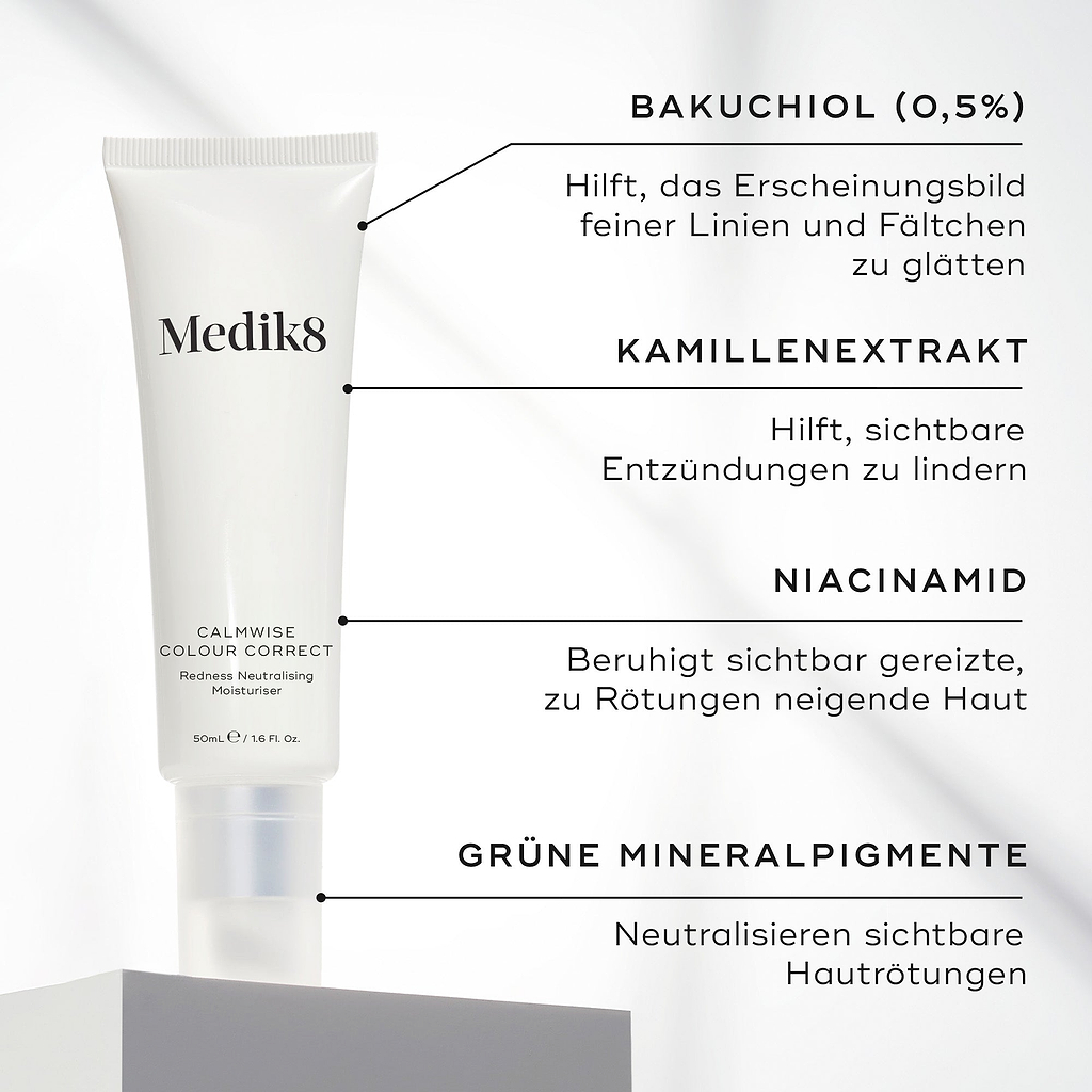 Eine Tube Calmwise Colour Correct wird präsentiert. Text-Callouts heben die Hauptwirkstoffe hervor: BAKUCHIOL (0,5 %), KAMILLENEXTRAKT, NIACINAMID und GRÜNE MINERALPIGMENTE.