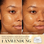 Vorher-nachher-Vergleich des Gesichts eines Models, der die Ergebnisse von Daily Radiance Vitamin C zeigt. Weiße, gepunktete Kreise heben einen bestimmten Bereich der Wange hervor, um eine sichtbare Steigerung von Strahlkraft und Feuchtigkeit direkt nach einer Anwendung zu zeigen.