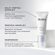 Eine weiße Tube Eyelift Peptides wird präsentiert. Text-Callouts heben die Hauptwirkstoffe hervor: MULTI-PEPTID-COMPLEX, PROTEIN-COMPLEX, HESPERIDIN.