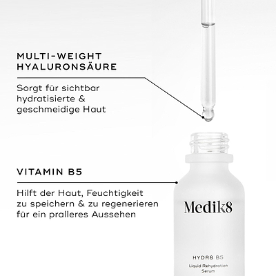 Nahaufnahme der Medik8 Hydr8 B5-Serumflasche mit Tropfer und klarer Flüssigkeit. Der Text hebt die wichtigsten Inhaltsstoffe hervor: „MULTI-WEIGHT HYALURONSÄURE sorgt für sichtbar hydratisierte und geschmeidige Haut“ und „VITAMIN B5 unterstützt die Haut bei der Speicherung und Regeneration von Feuchtigkeit für ein pralleres Erscheinungsbild“.