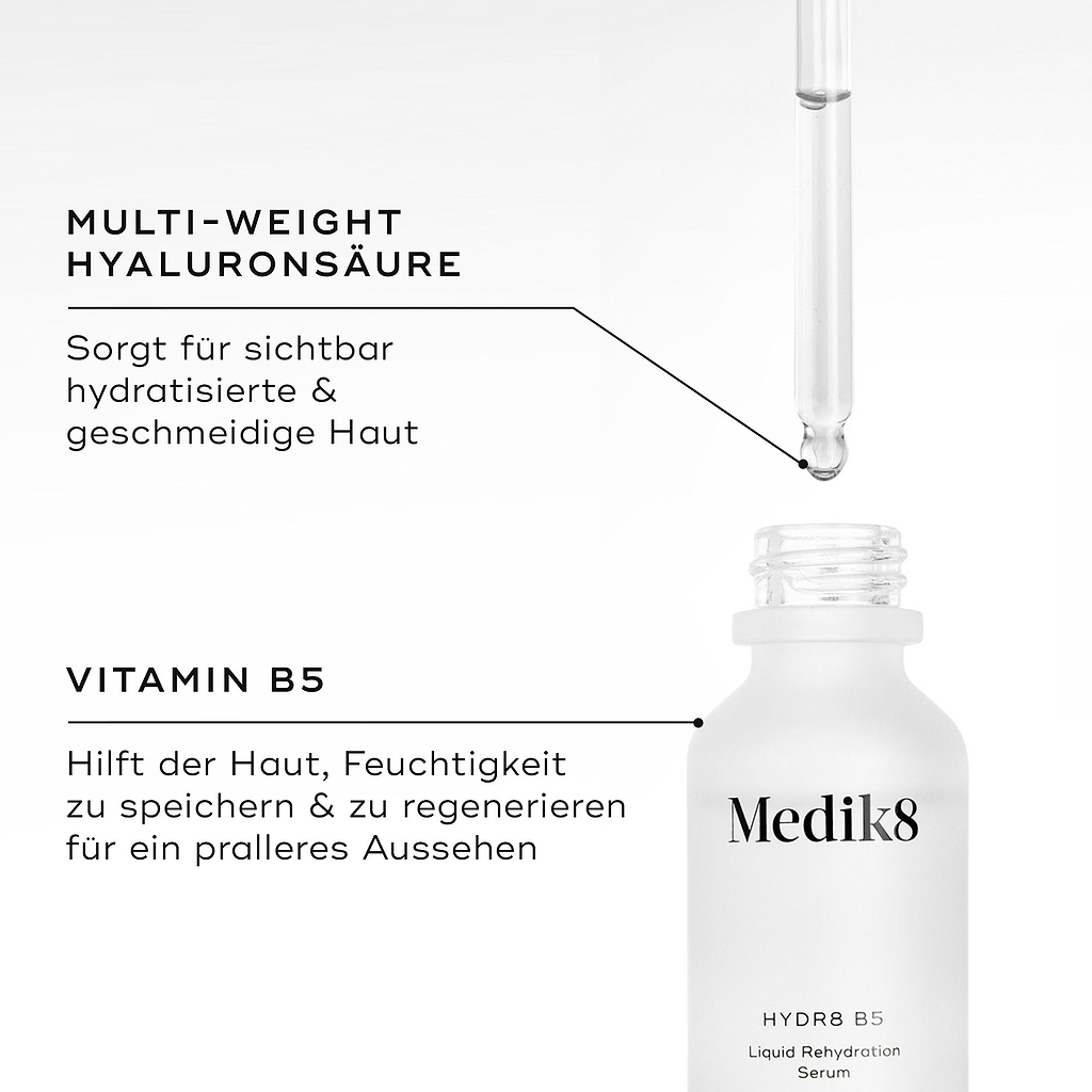 Nahaufnahme der Medik8 Hydr8 B5-Serumflasche mit Tropfer und klarer Flüssigkeit. Der Text hebt die wichtigsten Inhaltsstoffe hervor: „MULTI-WEIGHT HYALURONSÄURE sorgt für sichtbar hydratisierte und geschmeidige Haut“ und „VITAMIN B5 unterstützt die Haut bei der Speicherung und Regeneration von Feuchtigkeit für ein pralleres Erscheinungsbild“.