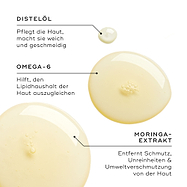 Drei Öltropfen zeigen die Hauptwirkstoffe. Der Text hebt Safloröl zur Nährung, Omega-6 für Lipidbalance und Moringa-Extrakt zur Entfernung von Unreinheiten und Schadstoffen hervor