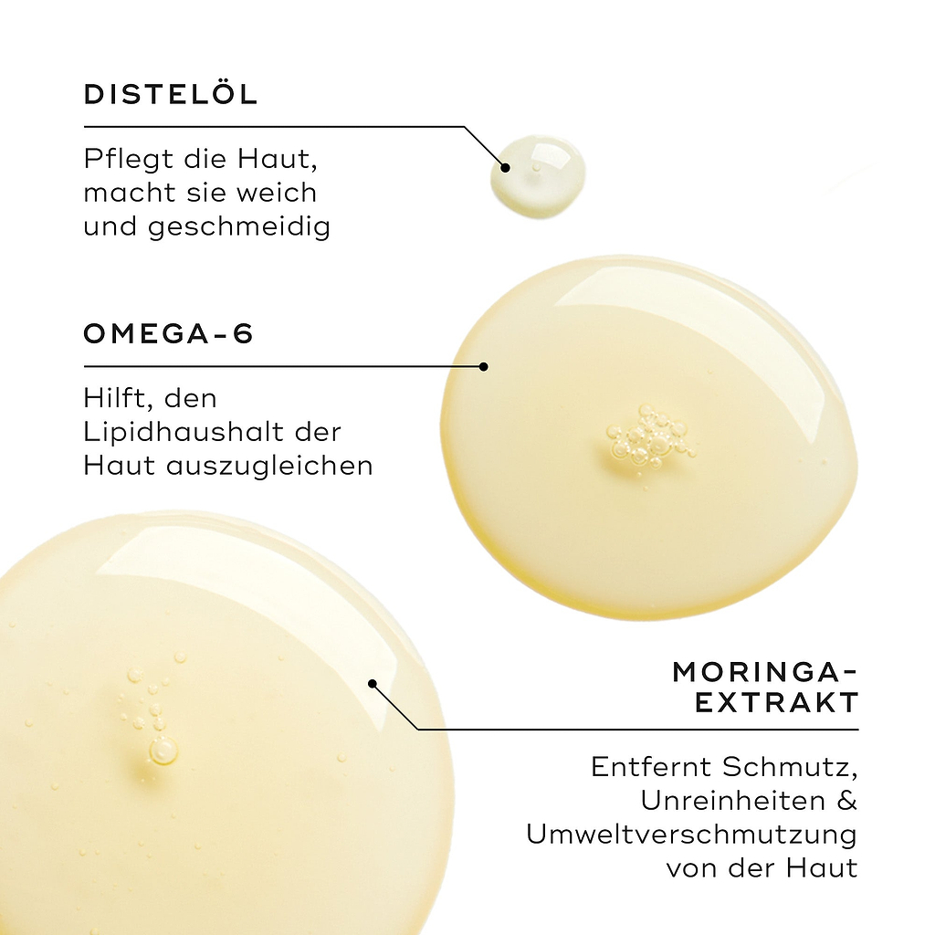 Drei Öltropfen zeigen die Hauptwirkstoffe. Der Text hebt Safloröl zur Nährung, Omega-6 für Lipidbalance und Moringa-Extrakt zur Entfernung von Unreinheiten und Schadstoffen hervor