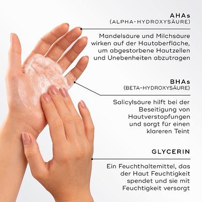 Nahaufnahme von Händen, die einen leichten Schaum aufschäumen, mit Hervorhebung der Schlüsselwirkstoffe von Medik8 Surface Radiance Cleanse. Der Text beschreibt AHAs (Mandelsäure und Milchsäure) zur oberflächlichen Exfoliation, BHAs (Salicylsäure) zum Lösen von Verstopfungen sowie Glycerin zur Befeuchtung und Hydratisierung der Haut.