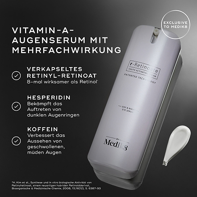 Eine weiße Pumpflasche mit r-Retinoate Day & Night Eye Serum ist abgebildet. Texthinweise heben die wichtigsten Inhaltsstoffe hervor: VERKAPSELTES RETINYLRETINOAT, HESPERIDIN und KOFFEIN. Eine Fußnote belegt die Retinol-Behauptung.
