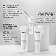 Die Advanced-Day-Schutzprodukte werden mit ihren Beschreibungen gezeigt. Advanced Day Eye Protect (SPF 30) wird für den Augenbereich hervorgehoben, Advanced Day Ultimate Protect (SPF 50+) bietet DNA-Reparatur und Umweltschutz, und Advanced Day Total Protect (leichtes SPF 30) bietet 360° Umweltschutz.