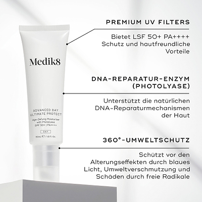 Eine weiße Tube Advanced Day Ultimate Protect wird präsentiert. Text-Callouts heben die Hauptwirkstoffe hervor: PREMIUM-UV-FILTER, DNA-REPARATURENZYM und 360° UMWELTSCHUTZ.