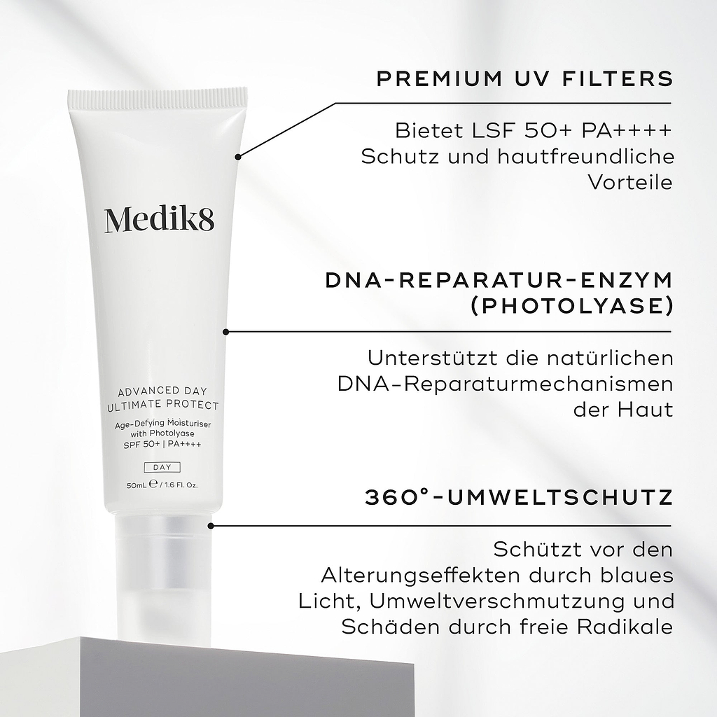 Eine weiße Tube Advanced Day Ultimate Protect wird präsentiert. Text-Callouts heben die Hauptwirkstoffe hervor: PREMIUM-UV-FILTER, DNA-REPARATURENZYM und 360° UMWELTSCHUTZ.