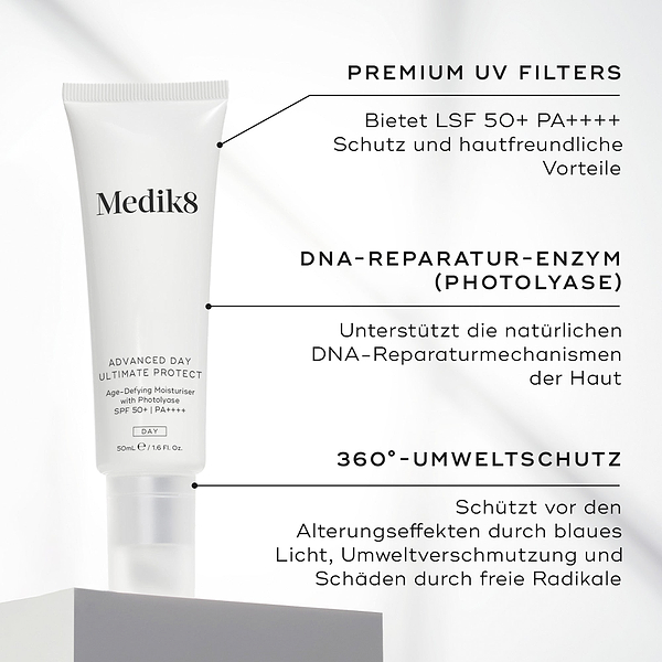 Eine weiße Tube Advanced Day Ultimate Protect wird präsentiert. Text-Callouts heben die Hauptwirkstoffe hervor: PREMIUM-UV-FILTER, DNA-REPARATURENZYM und 360° UMWELTSCHUTZ.