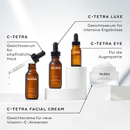 Vier Medik8 Vitamin C-Produkte auf weißen Podesten: C-Tetra (für empfindliche Haut), C-Tetra Luxe (für intensive Ergebnisse), C-Tetra Eye (für die Augenpartie) und C-Tetra Facial Cream (für neue Anwender).