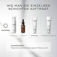 Ein „HOW TO LAYER“-Diagramm für eine Morgenhautpflegeroutine. Es umfasst Reinigen (Calmwise Soothing Cleanser), Vitamin C (C-Tetra Luxe), Target (Calmwise Colour Correct) und Sonnenschutz (Advanced Day Ultimate Protect).
