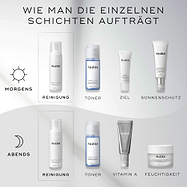 Ein How to Layer -Guide zeigt Medik8 Clarifying Foam als ersten Schritt für die Morgen- und Abendroutine. Die Morgenroutine wird fortgesetzt mit Press & Clear (Tonisieren), Clarity Peptides (Gezielte Pflege) und Advanced Day Ultimate Protect (Sonnenschutz). Die Abendroutine folgt mit Press & Clear (Tonisieren), Crystal Retinal (Vitamin A) und Advanced Night Restore (Feuchtigkeitspflege).